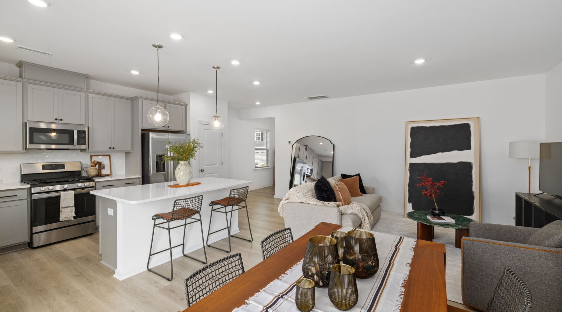 Furnished living room, dining room and kitchen Furnished living room, dining room and kitchen